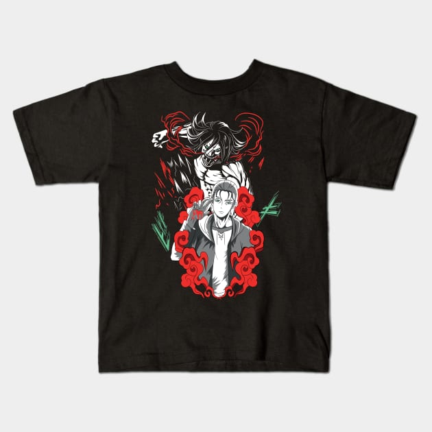 AOT Eren Anime Fanart Kids T-Shirt by Planet of Tees